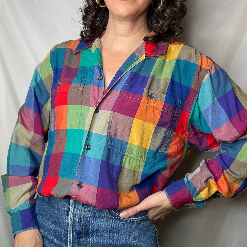 SOLD Vintage lizwear rainbow plaid checkered shirt long sleeve button-down M - Picture 13 of 17